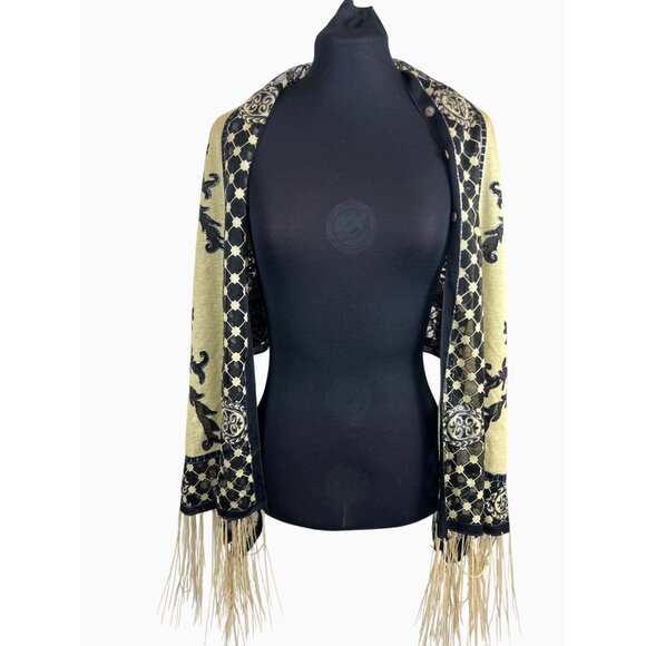 Black Tan 7-Way Scarf Poncho Top Metallic Threading  Fringe By Kokomo Unlimited - Picture 4 of 12